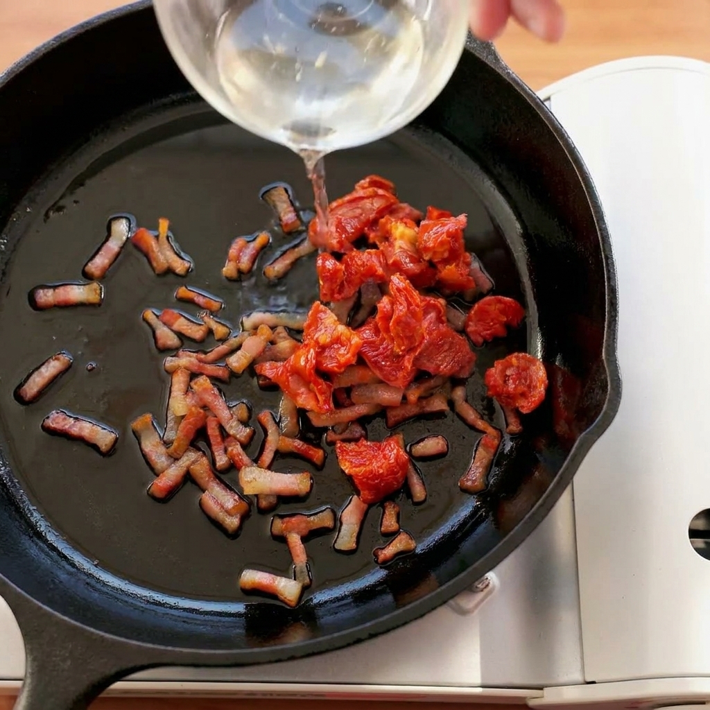 팬에서 관찰레와 함께 볶아지고 있는 썬드라이 토마토.