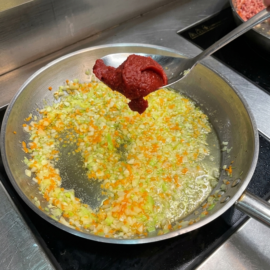 볶은 채소 위에 진한 붉은색 토마토 페이스트를 한 스푼 넣는 모습.