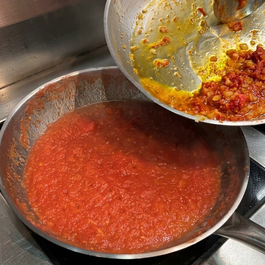 끓고 있는 토마토 퓌레에 볶은 채소들을 합치는 모습.