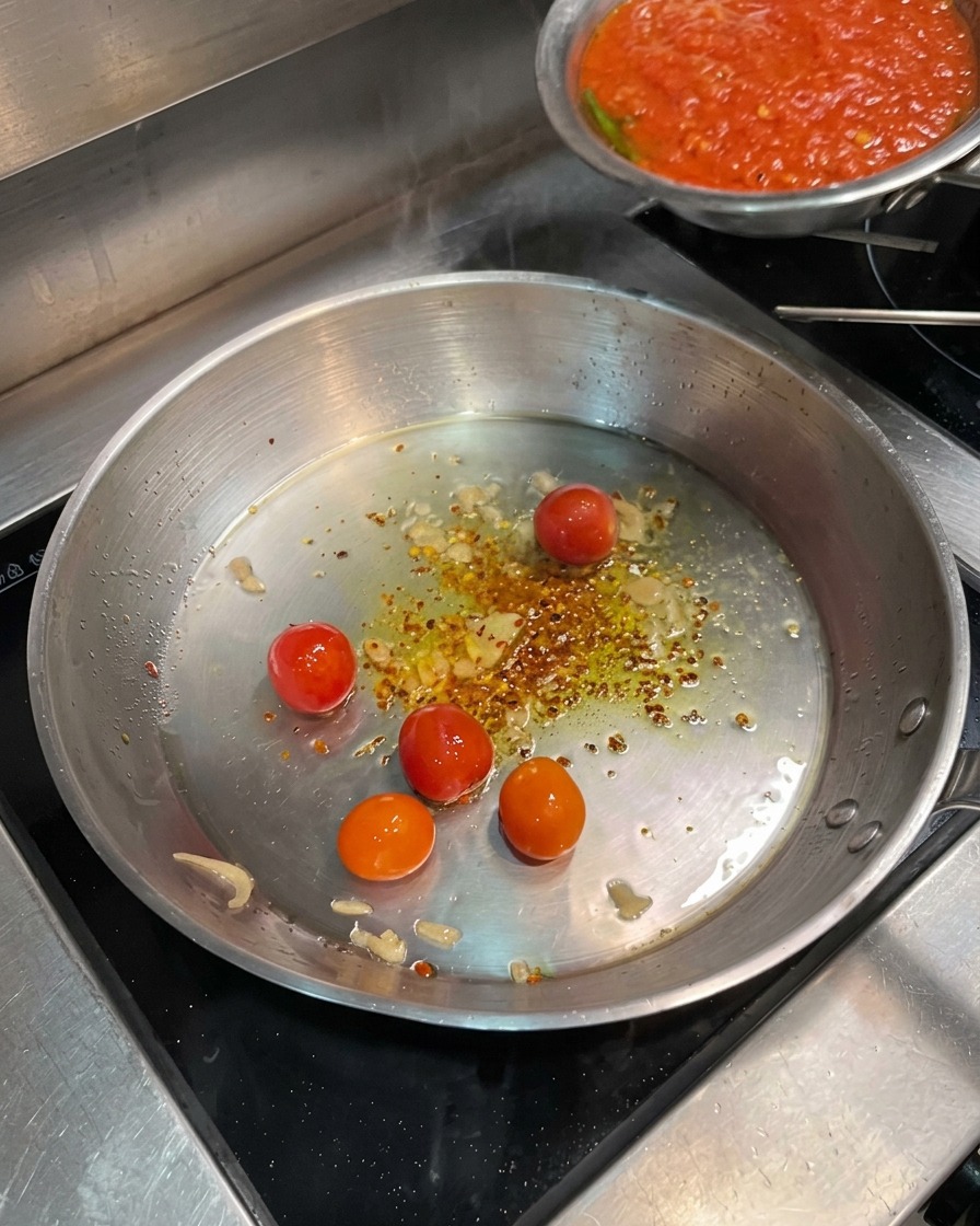 체리 토마토가 든 팬에 미리 만들어 둔 토마토 소스를 붓는 모습.