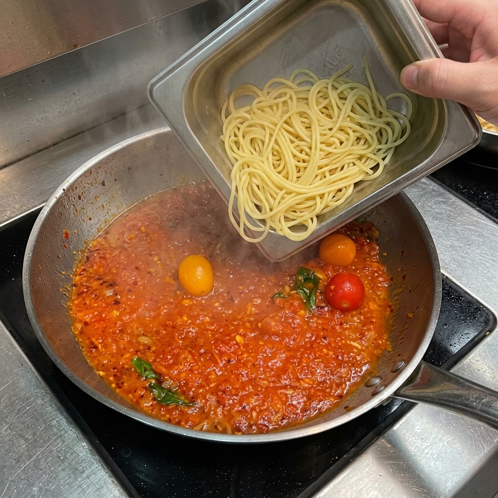 토마토 소스가 끓는 팬에 삶은 스파게티 면을 넣는 모습.