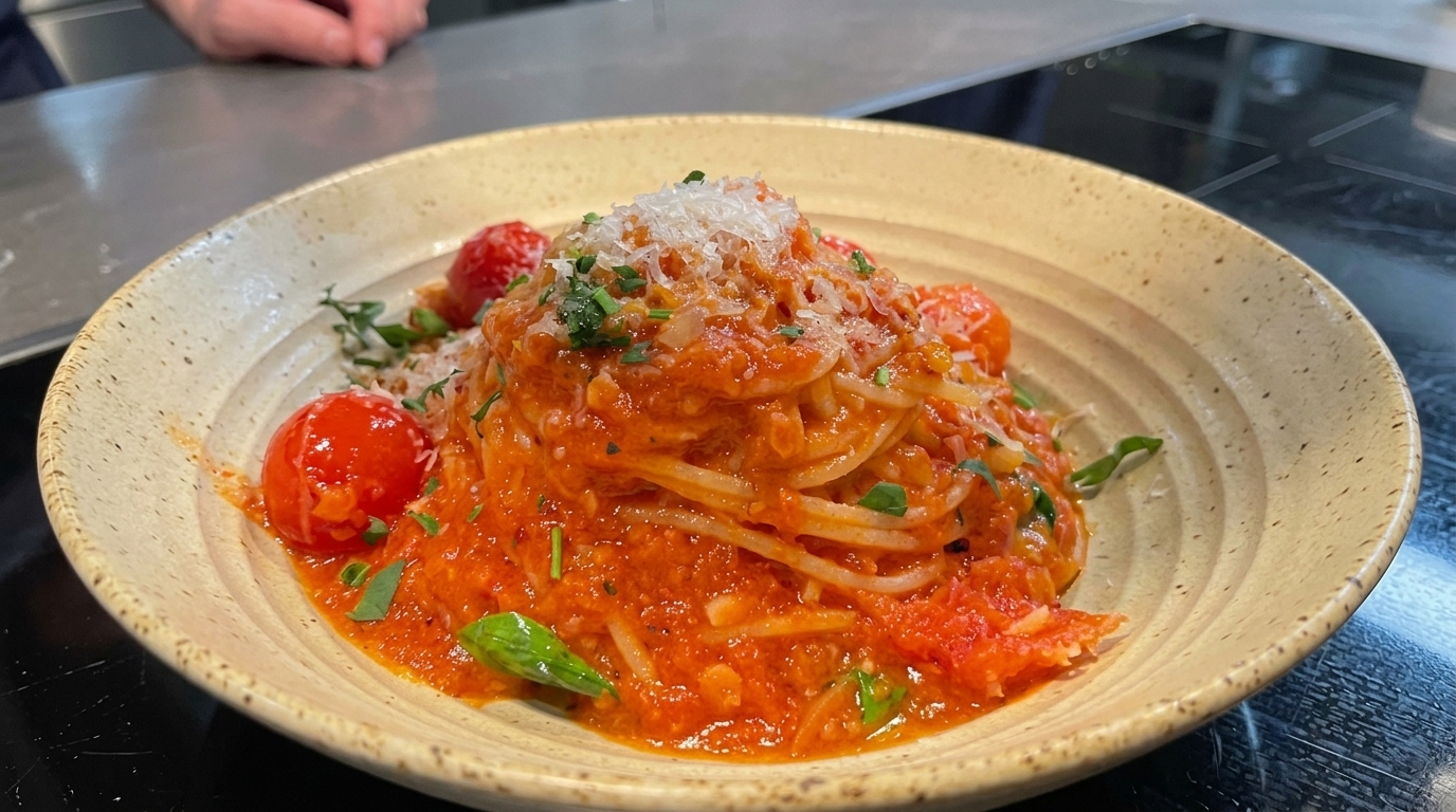 진한 풍미의 수제 토마토 바질 스파게티