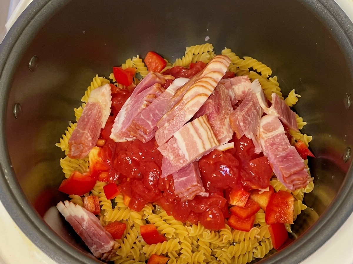 토마토와 파스타 위에 생베이컨 슬라이스를 겹쳐서 올린 모습.