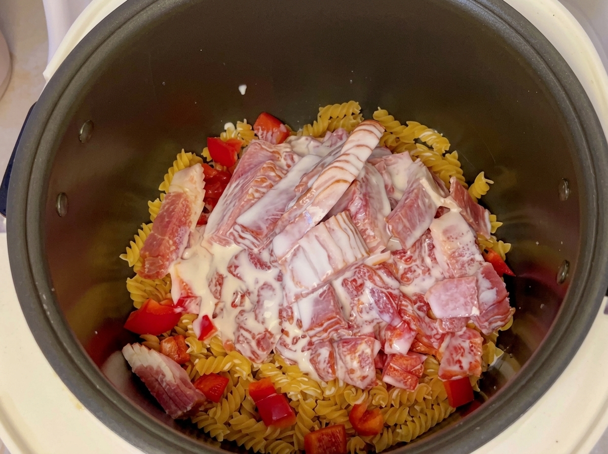 밥솥 안의 베이컨과 토마토, 파스타 위로 우유를 붓고 있는 장면.