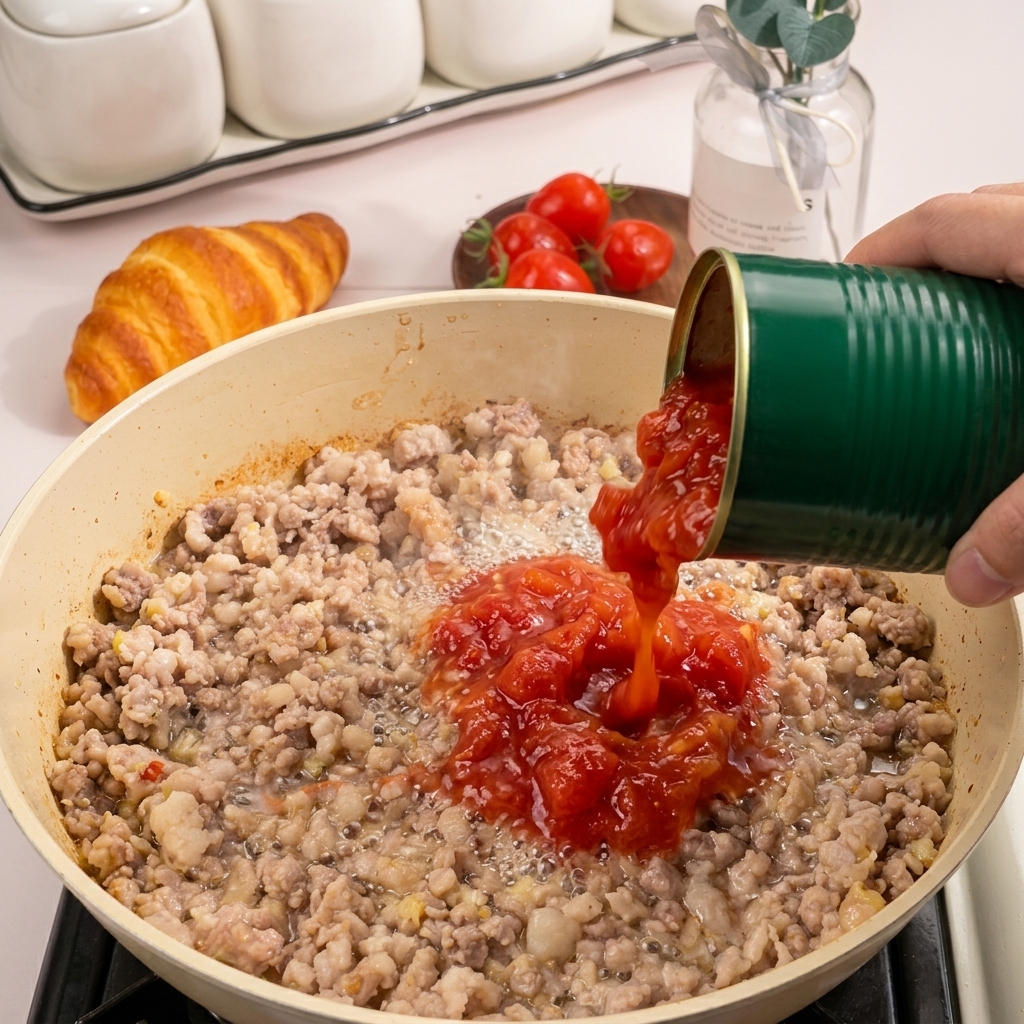 익은 고기가 담긴 팬에 다이스드 토마토 통조림을 붓는 모습