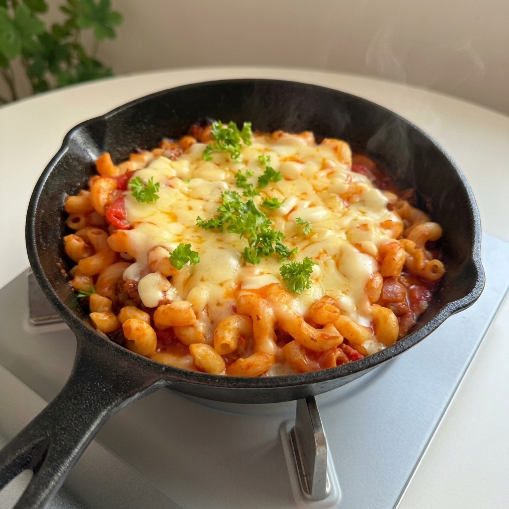 치즈가 녹은 마카로니 위에 다진 파슬리를 뿌린 완성된 모습