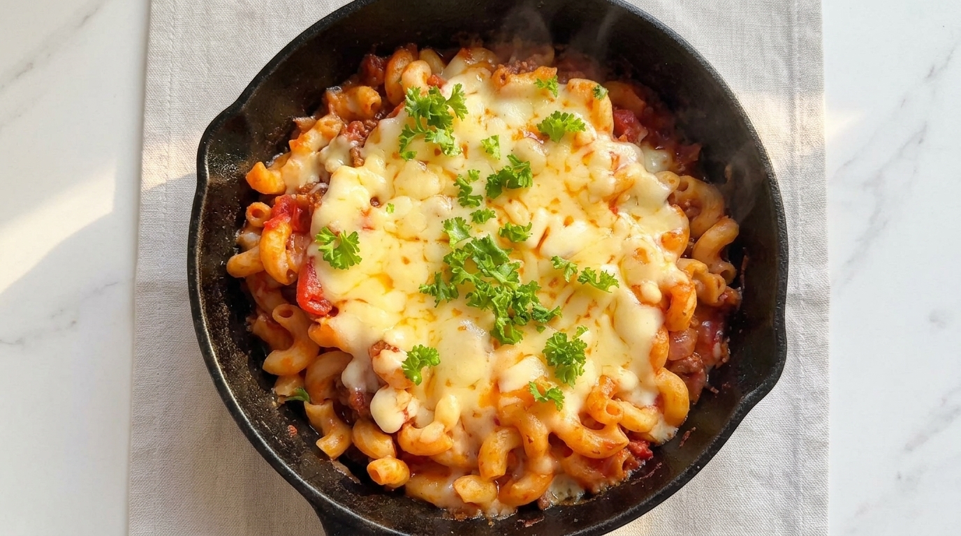 프라이팬으로 만드는 치즈 듬뿍 토마토 소고기 마카로니