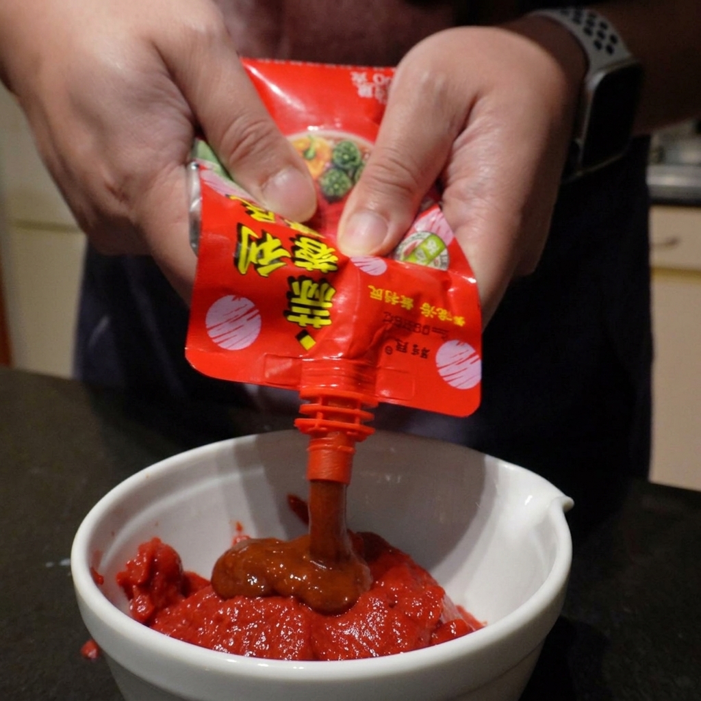 토마토 페이스트가 담긴 그릇에 레드 갈릭 칠리 소스를 짜 넣는 손.