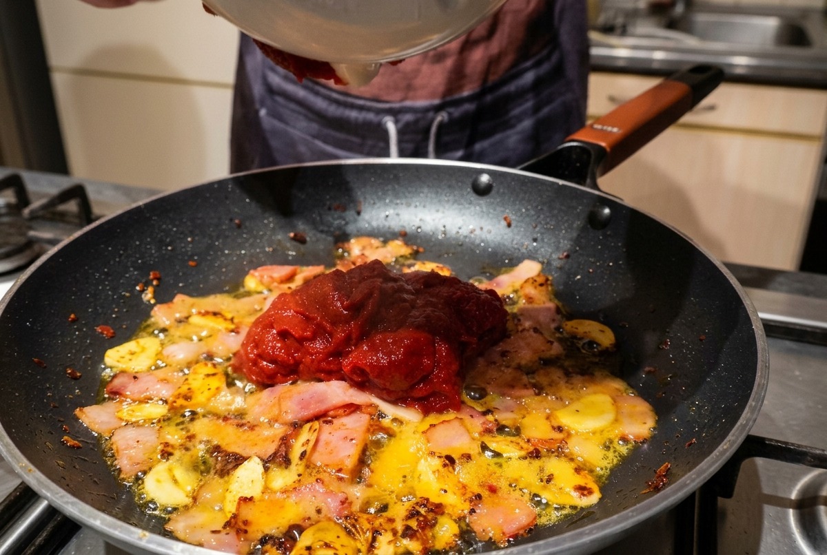 베이컨이 담긴 팬에 빨간 토마토 칠리 혼합물을 붓는 모습.