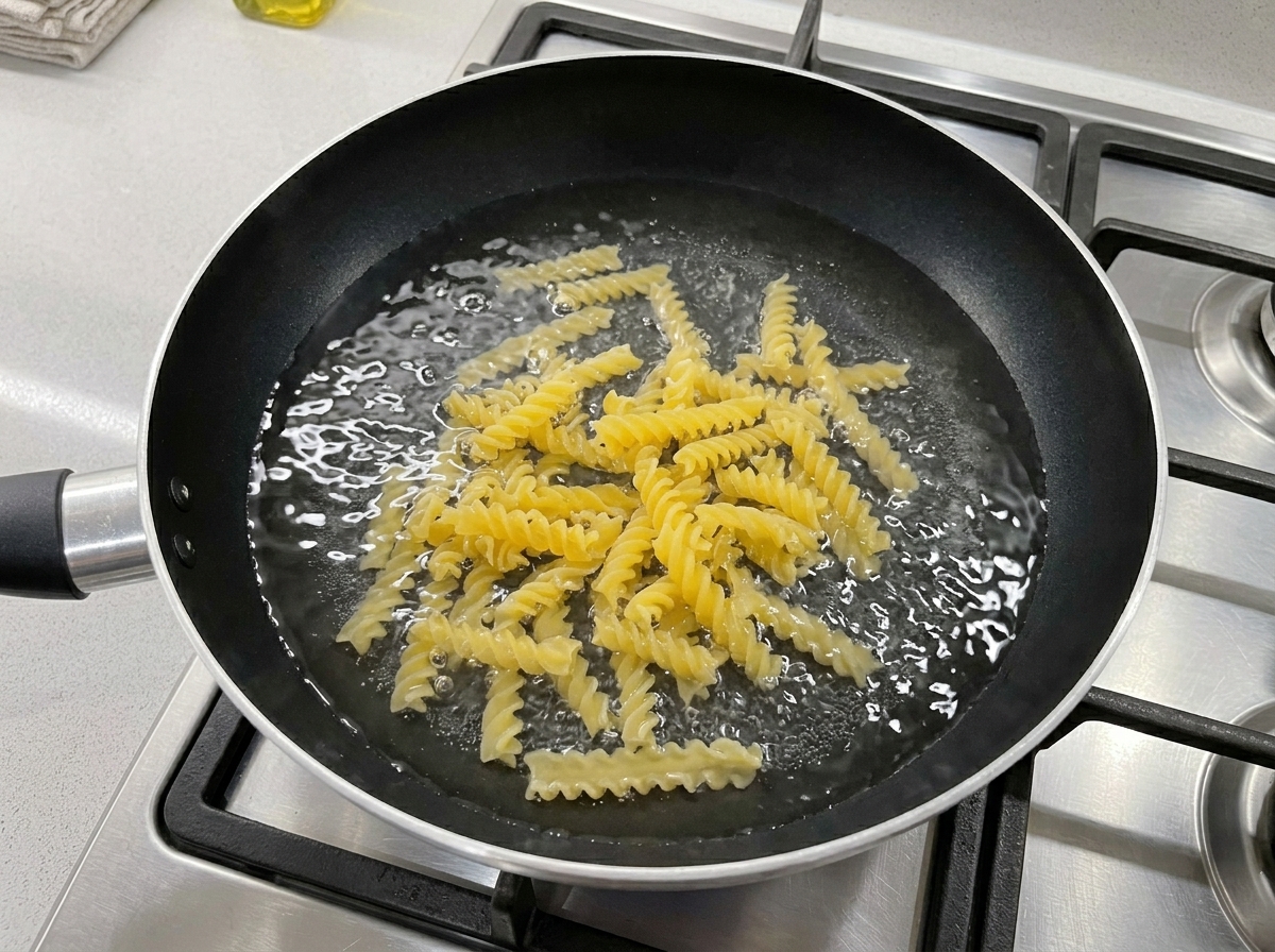 검은색 프라이팬 속 찬물에 담겨 있는 건조 푸실리 면.