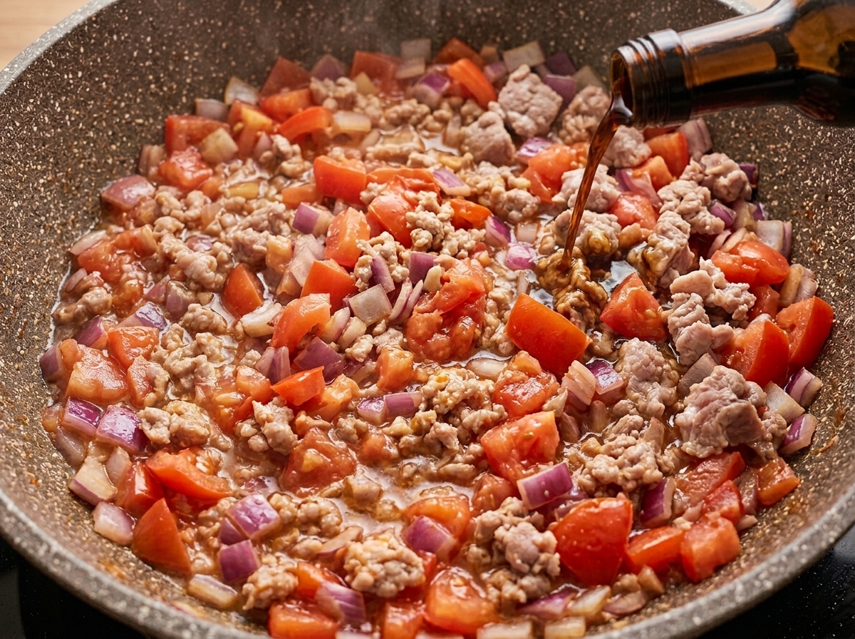 토마토 소스가 끓고 있는 팬에 진간장을 넣는 모습.