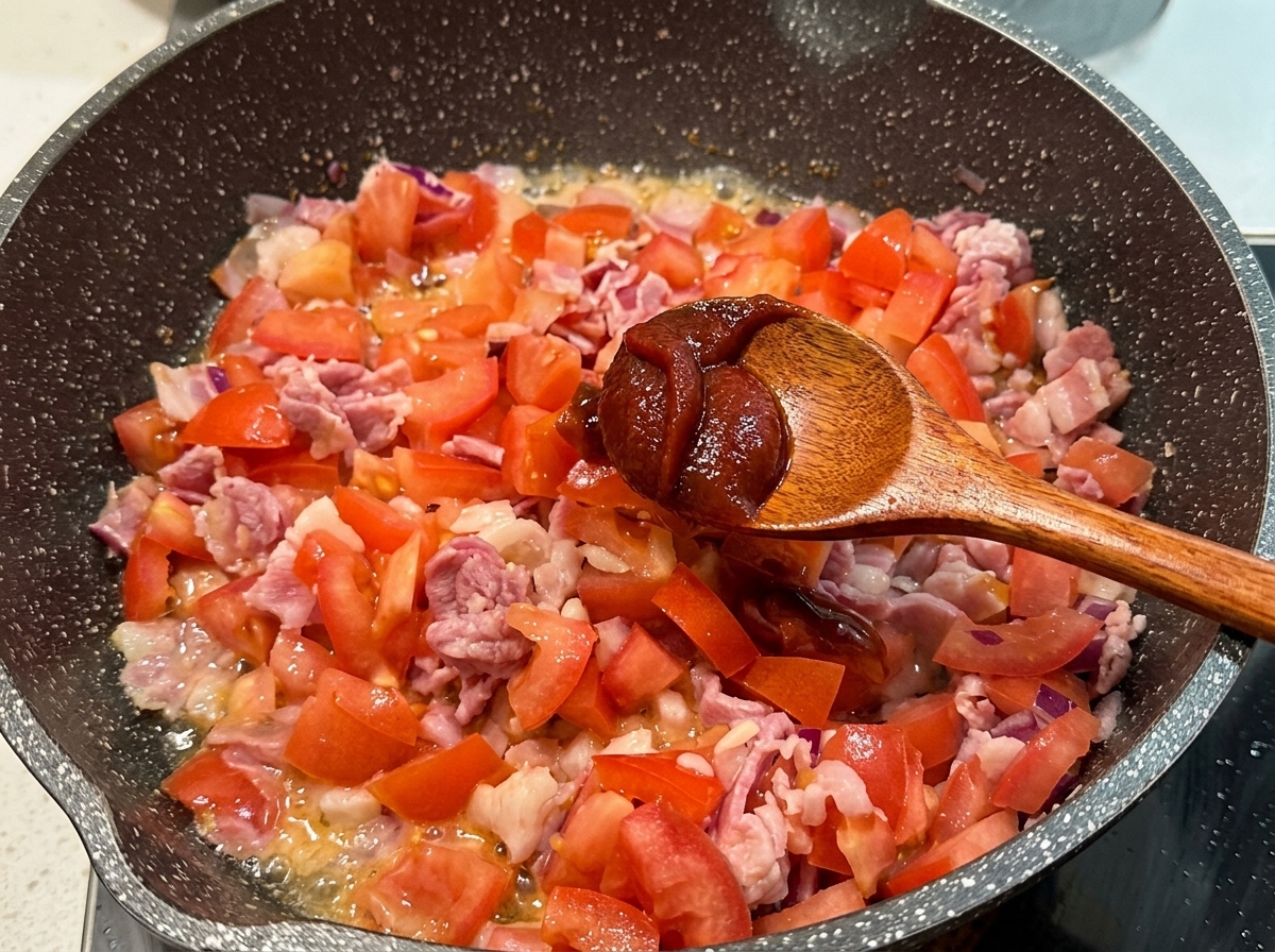 소스에 케첩 두 큰술을 넣는 모습.