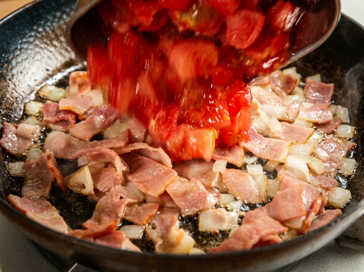 볶아진 베이컨과 양파 위로 다진 토마토를 붓는 모습.