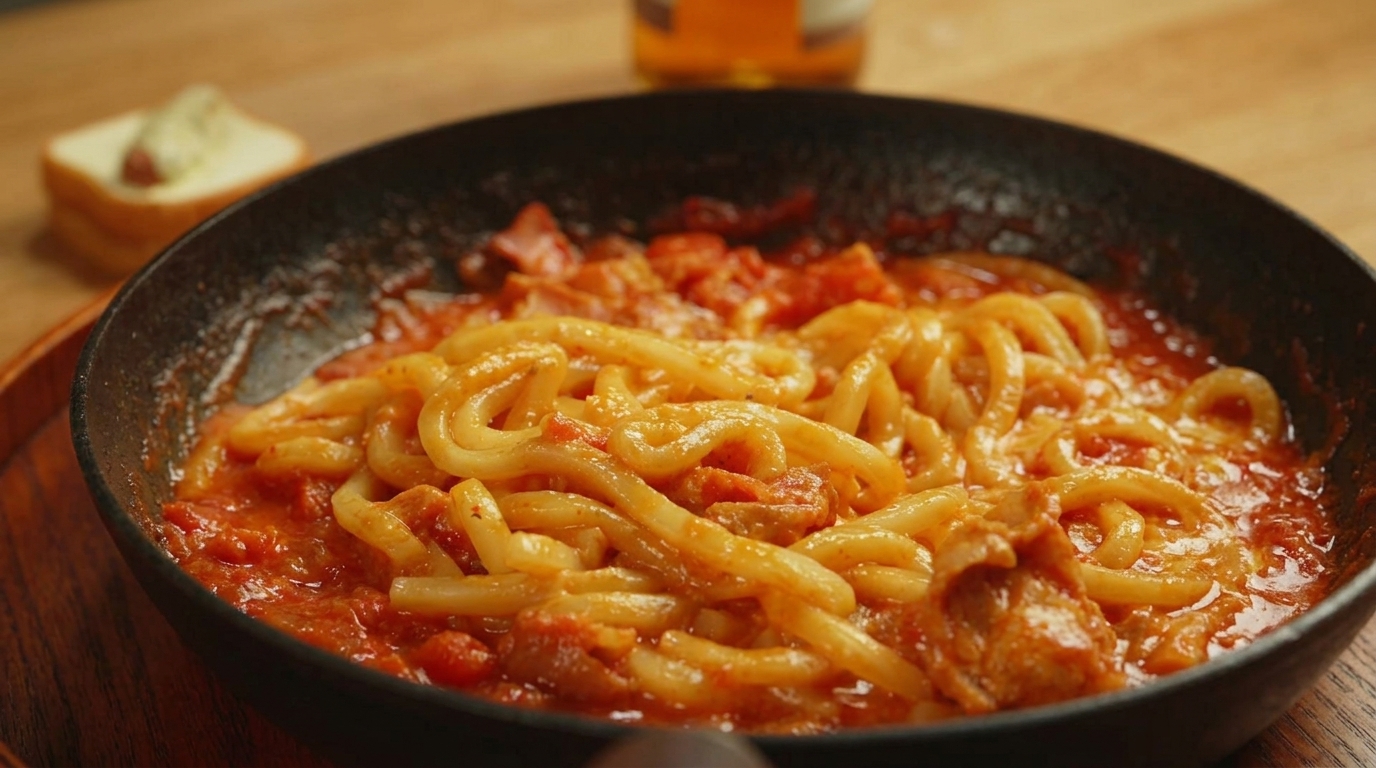 치즈 듬뿍 토마토 베이컨 우동