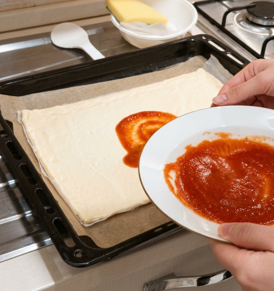 한 손에 토마토 소스가 담긴 접시를 들고 숟가락으로 생 피자 도우 중앙에 소스를 붓는 모습.