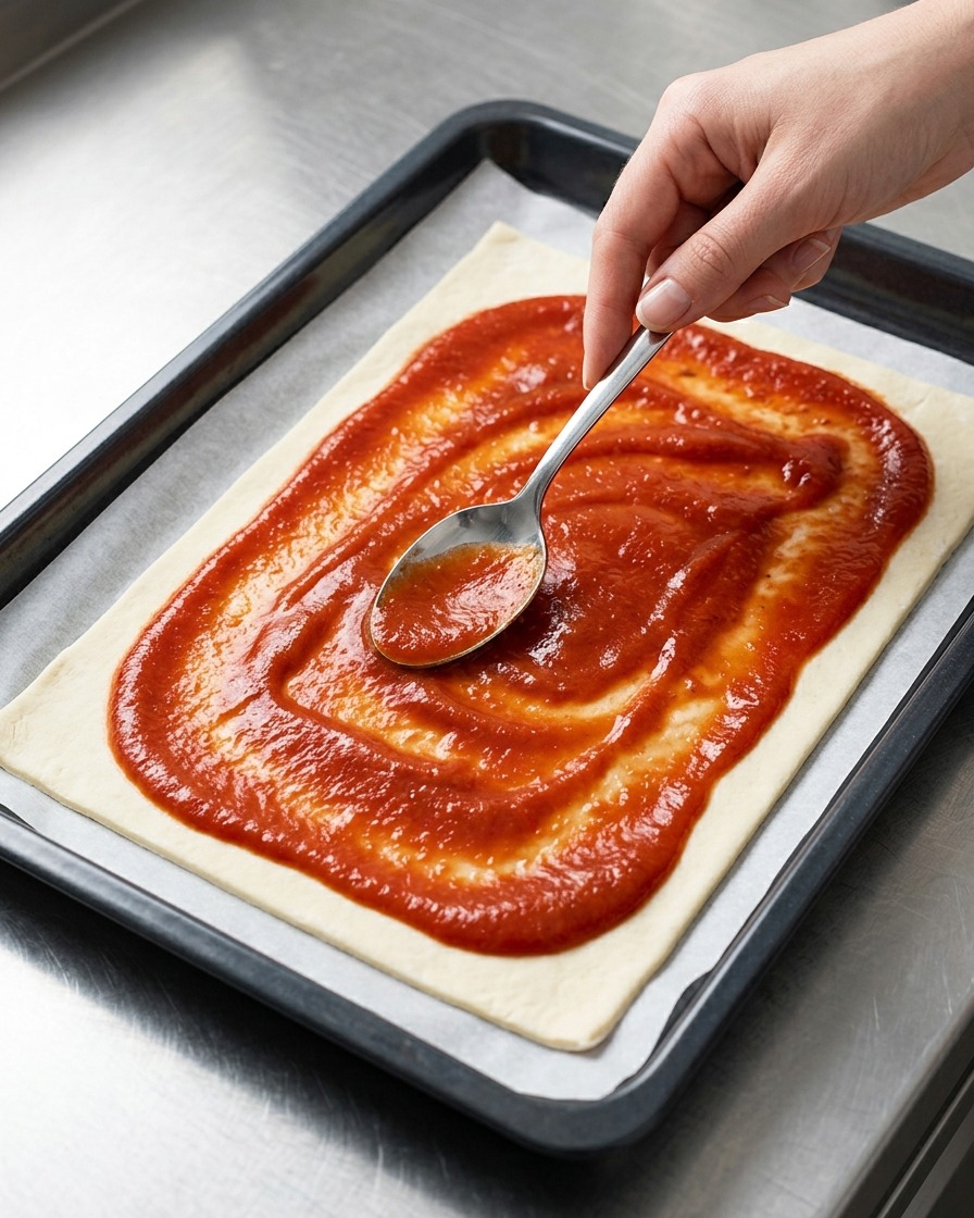 금속 숟가락 뒷면을 이용해 생 피자 도우 전체에 붉은 토마토 소스를 고르게 펴 바르는 장면.