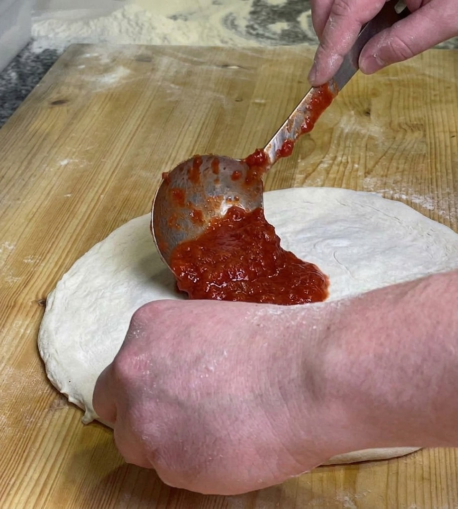 평평하게 편 피자 도우 위에 금속 숟가락을 이용해 빨간 토마토 퓨레를 원형으로 펴 바르는 모습