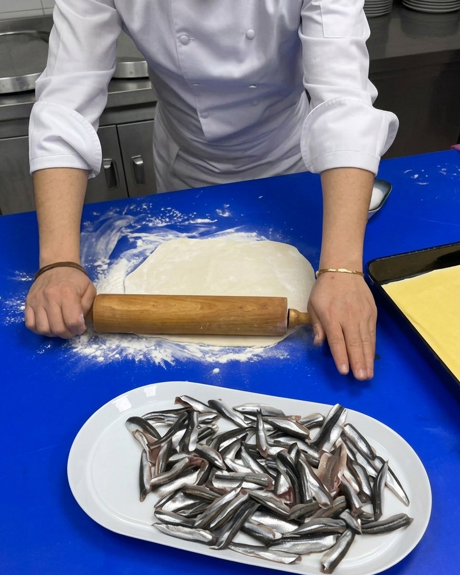 밀가루를 뿌린 파란색 조리대 위에서 나무 밀대로 피자 도우를 평평하게 펴는 요리사의 손