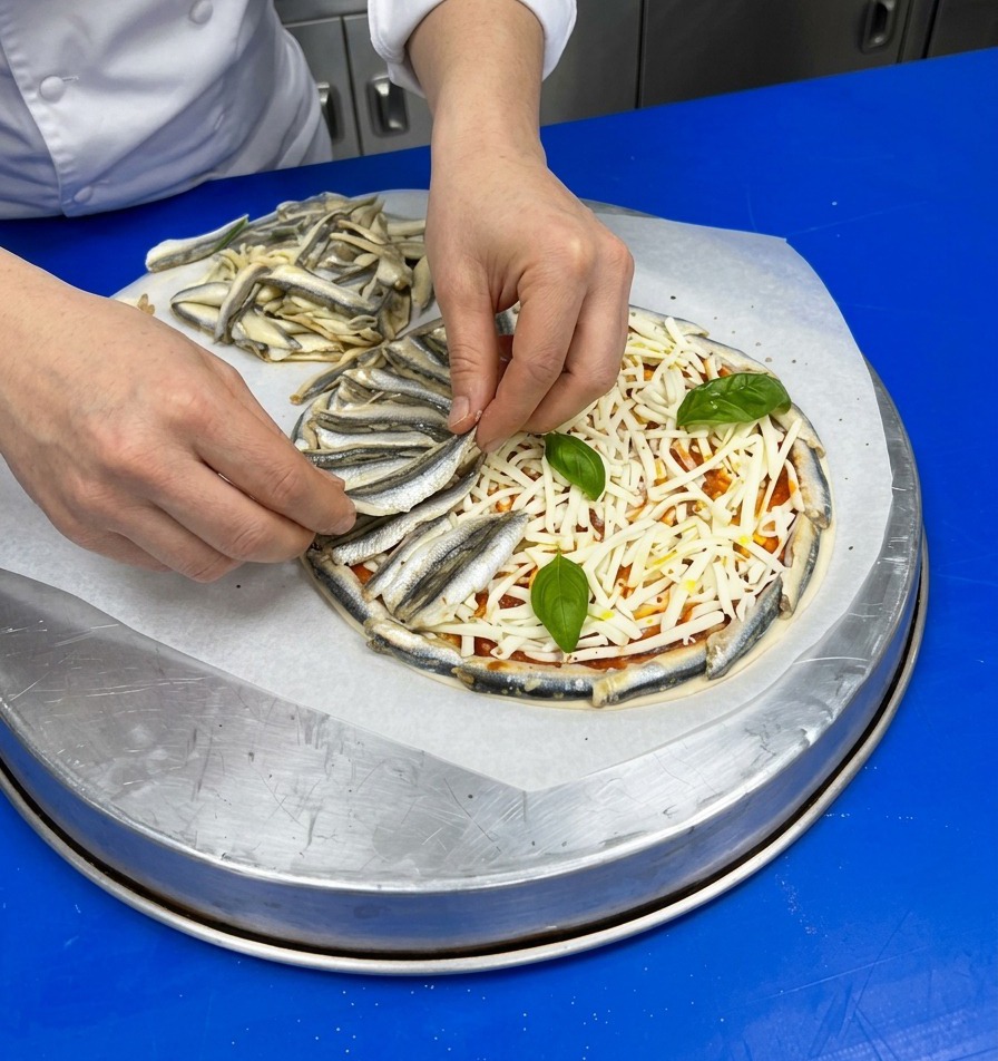 치즈와 바질 위에 생멸치 필레를 촘촘하게 원형으로 겹쳐서 올리고 있는 요리사