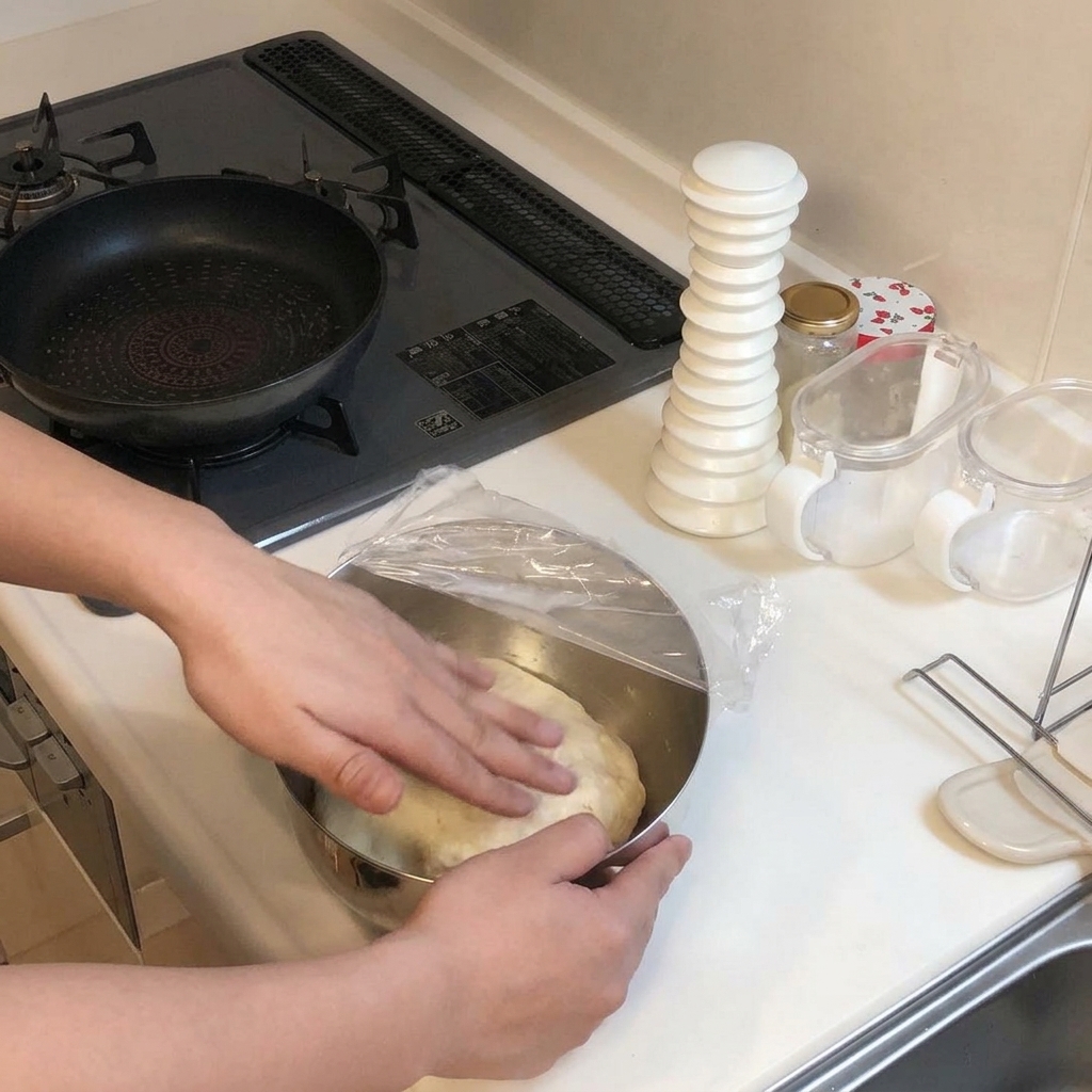 비닐 랩으로 덮인 볼 안에서 잘 발효된 매끄러운 반죽을 손으로 꾹꾹 누르는 모습.