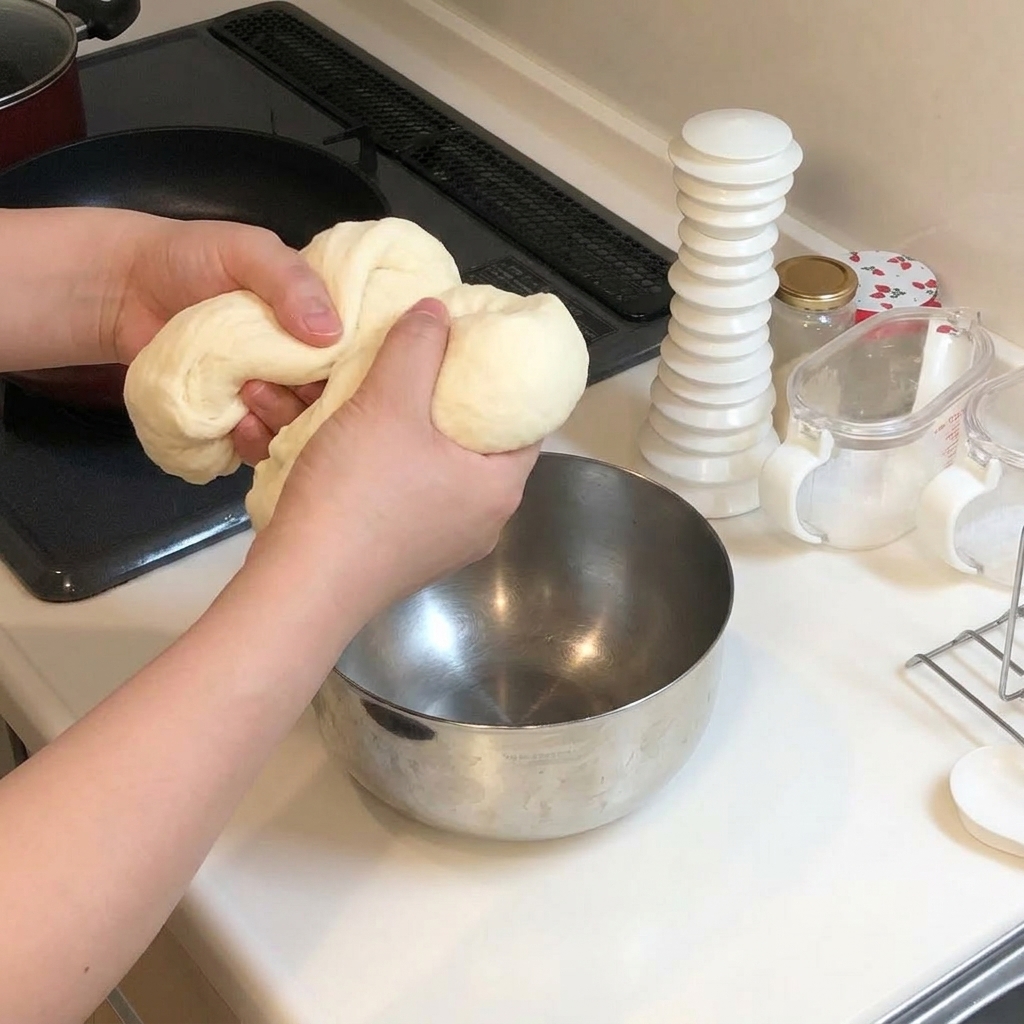 커다란 피자 반죽 덩어리를 두 손으로 잡아당겨 절반으로 나누는 모습.