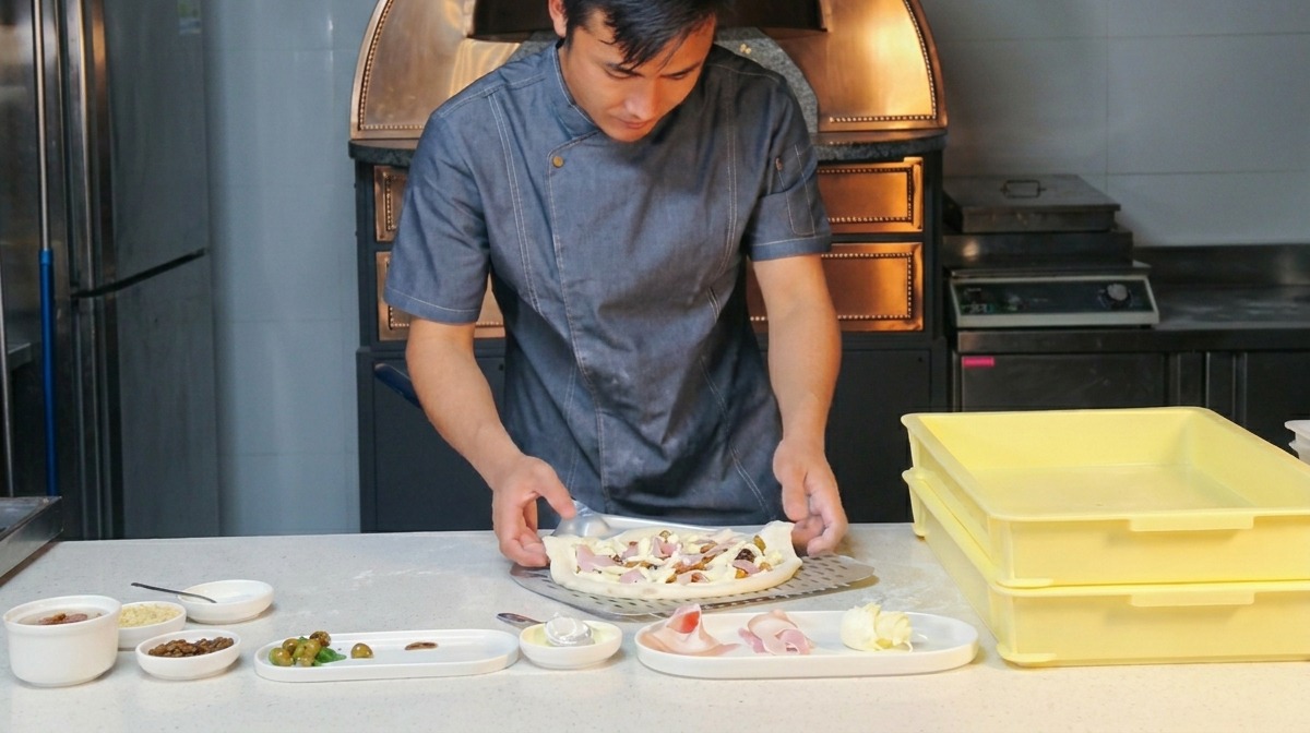토핑된 피자를 금속 필 위로 신속하게 밀어 넣는 모습.