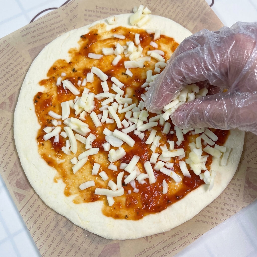 토마토 소스가 발린 피자 도우 위에 장갑 낀 손으로 슈레드 모짜렐라 치즈를 뿌리는 모습.