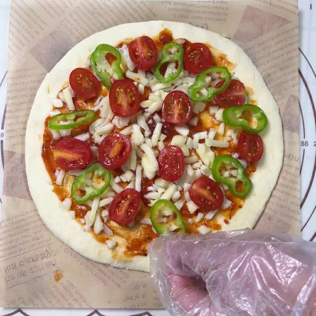 치즈와 토마토가 올라간 피자 위에 장갑 낀 손으로 피망 링을 올리는 모습.