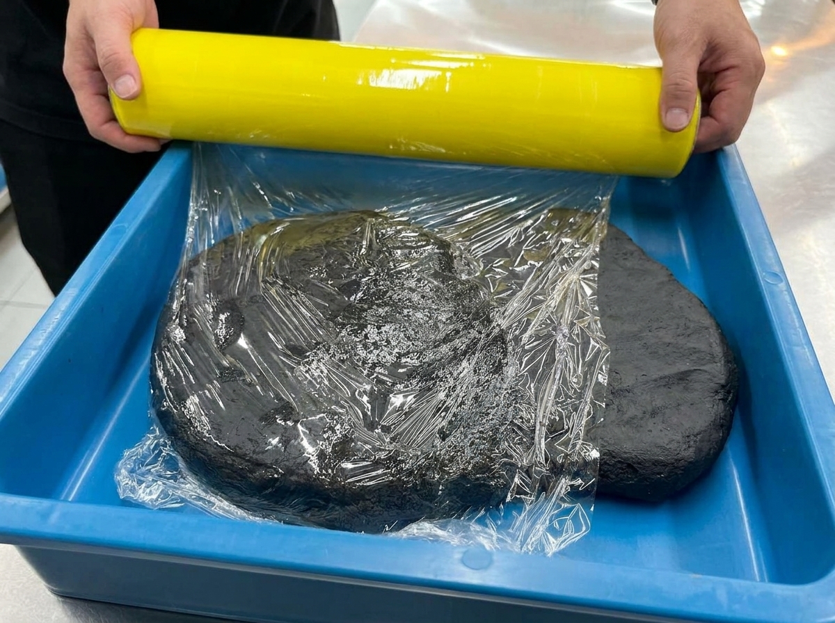 파란 트레이 위에 평평하게 놓인 블랙 도우를 덮기 위해 투명한 랩을 푸는 손.