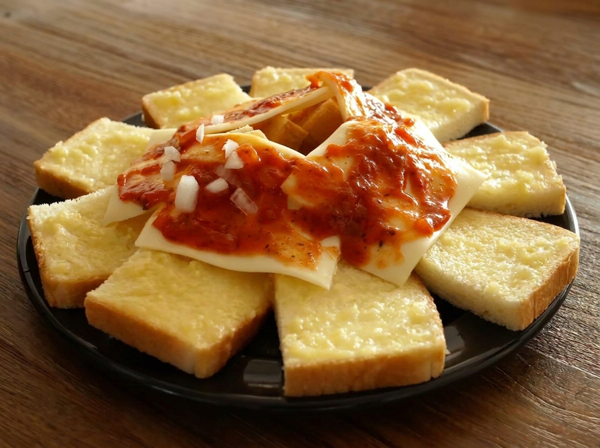 토마토 소스 위에 다진 양파가 고르게 뿌려진 모습.