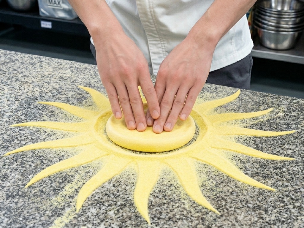 화강암 조리대 위 노란 밀가루 위에서 요리사가 손으로 둥근 피자 도우를 누르며 모양을 잡고 있는 모습.