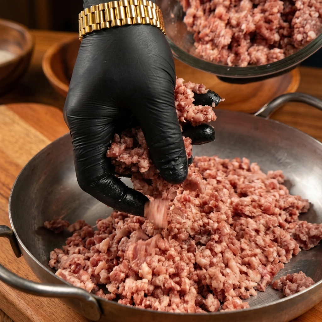 검은 장갑을 낀 사람이 금속 팬에 생소고기 다짐육을 담고 있는 모습.