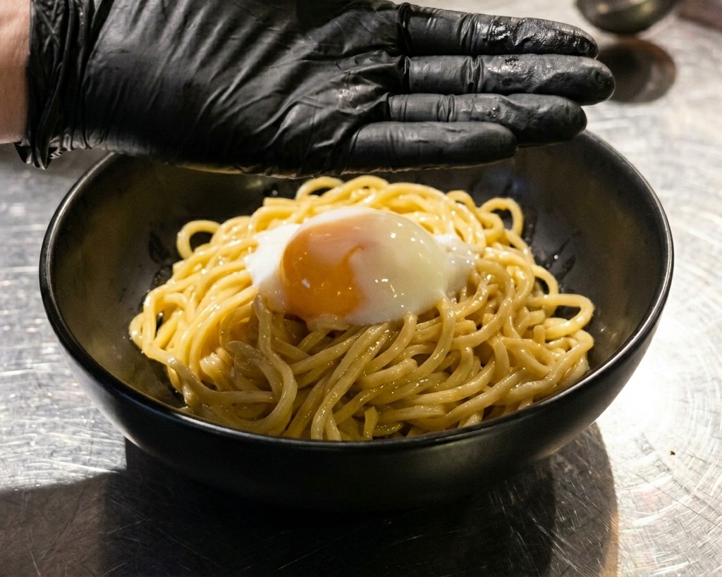면 위에 올려진 반숙 계란