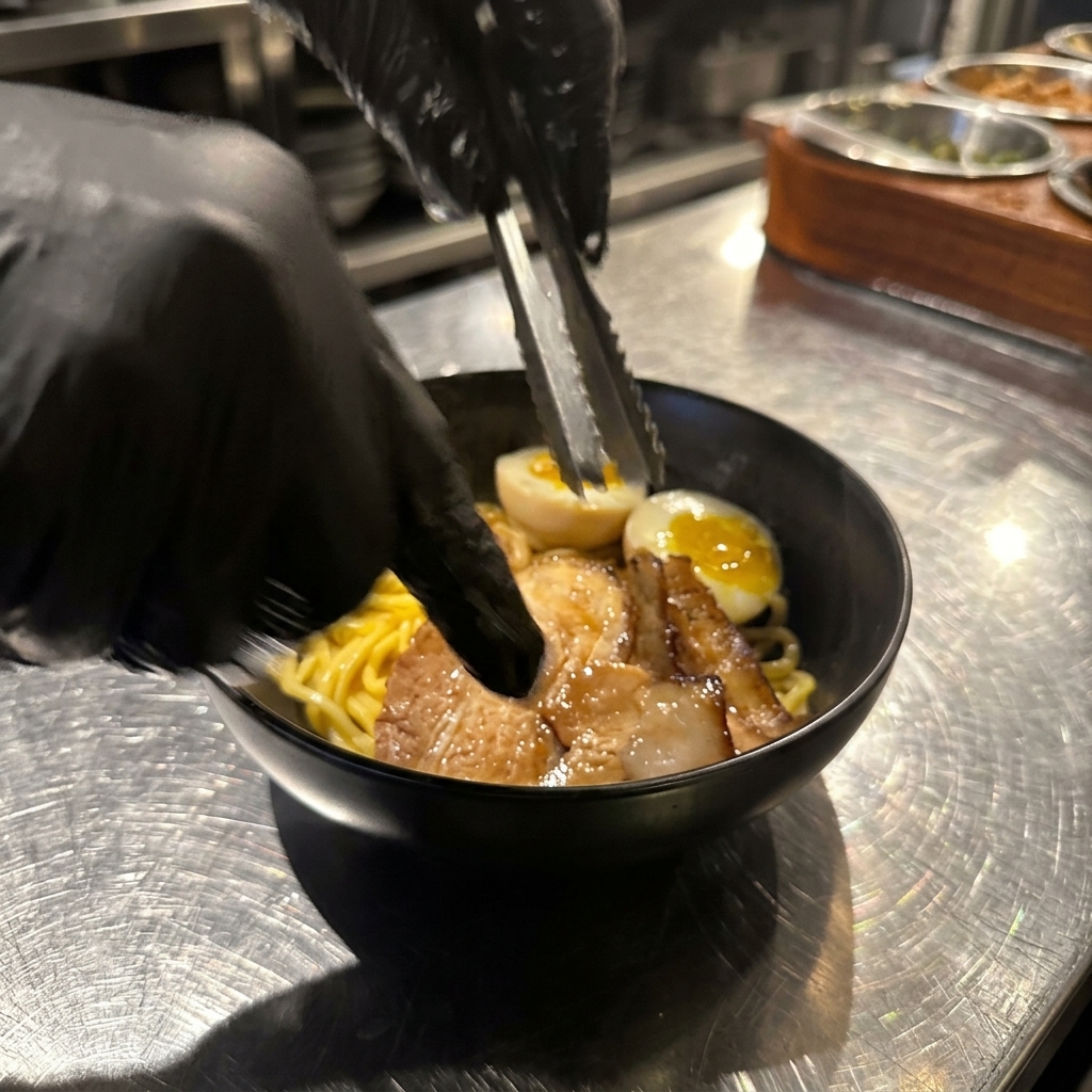 면 위에 차슈를 올리는 모습