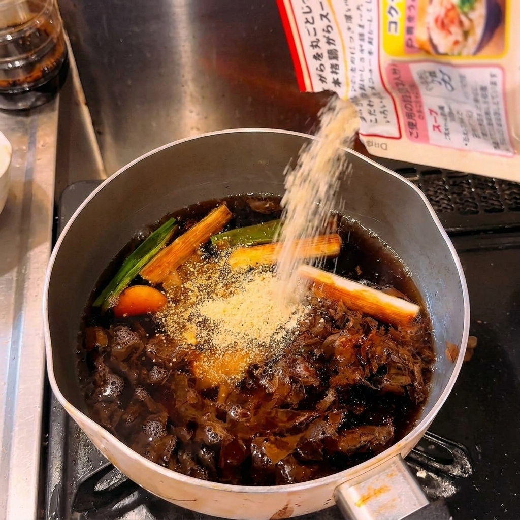 끓고 있는 육수에 치킨스톡 분말과 간장을 넣는 모습.
