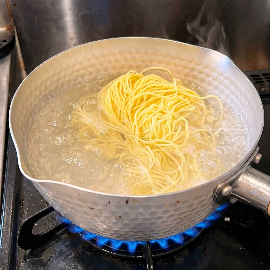 끓는 물이 담긴 냄비에 노란 생라멘 면을 넣는 모습.