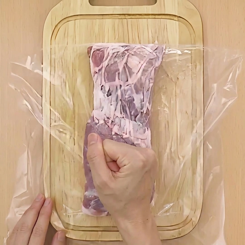 도마 위 랩으로 덮인 삼겹살 덩어리를 주먹으로 두드리는 모습.