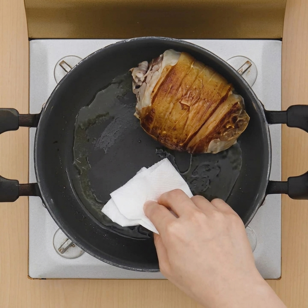 키친타월을 사용하여 냄비 바닥의 과도한 기름을 닦아내는 모습.