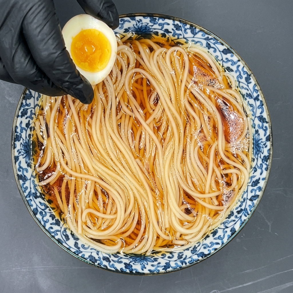 장갑을 낀 손이 라멘 면 위에 반숙란 반쪽을 올리는 장면.