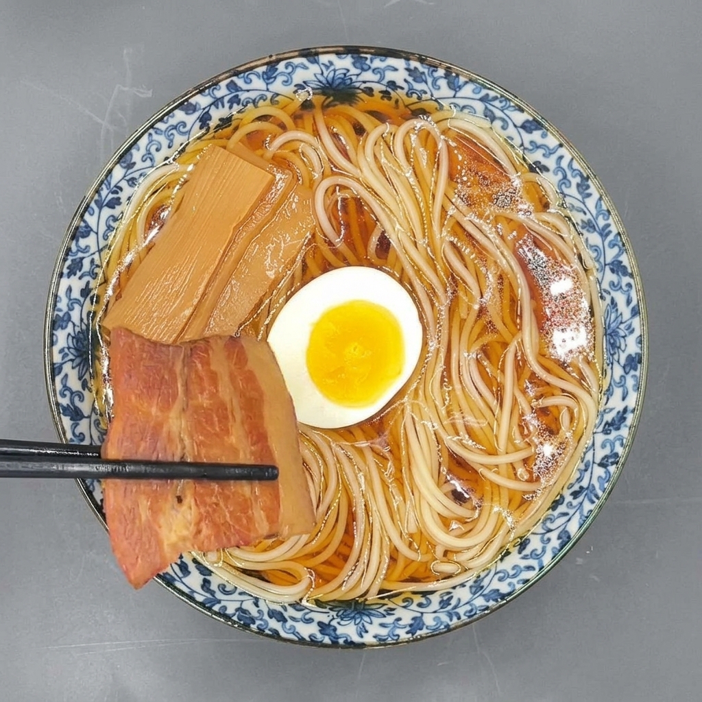 부드러운 차슈 한 점을 라멘 그릇 고명들 사이에 배치하는 모습.
