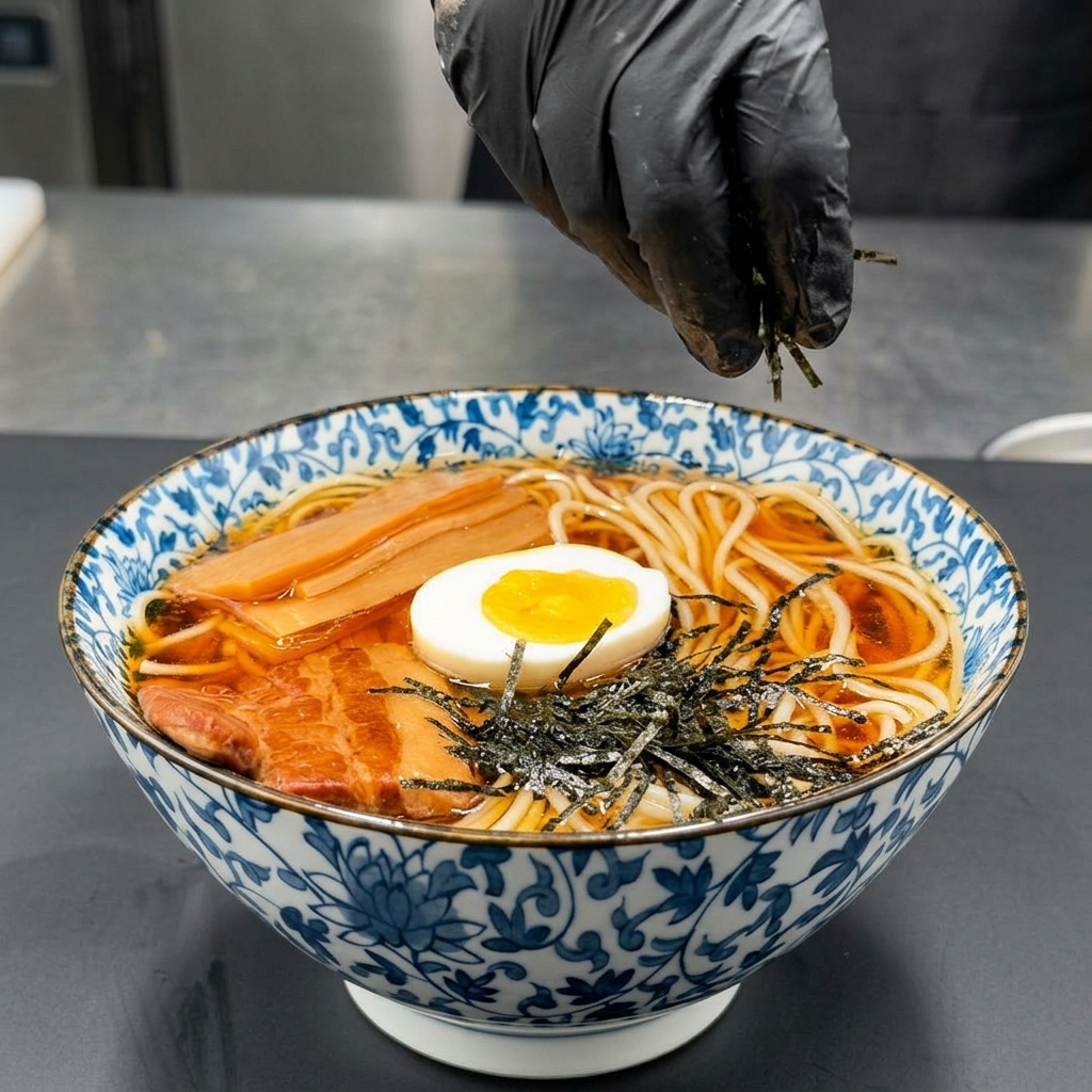 완성된 라멘 위에 김가루를 뿌려 마무리하는 모습.