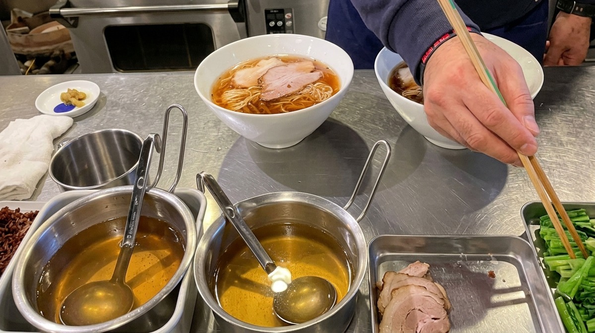 라멘 그릇 한쪽에 데친 시금치를 정갈하게 놓는 모습.