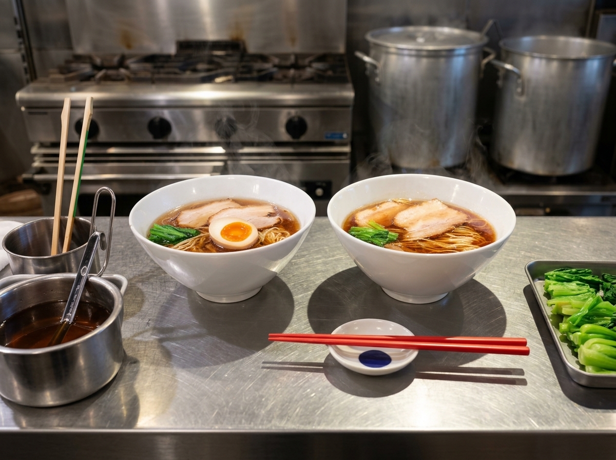 노란 노른자가 선명한 반숙 달걀 반쪽을 라멘 위에 올린 모습.