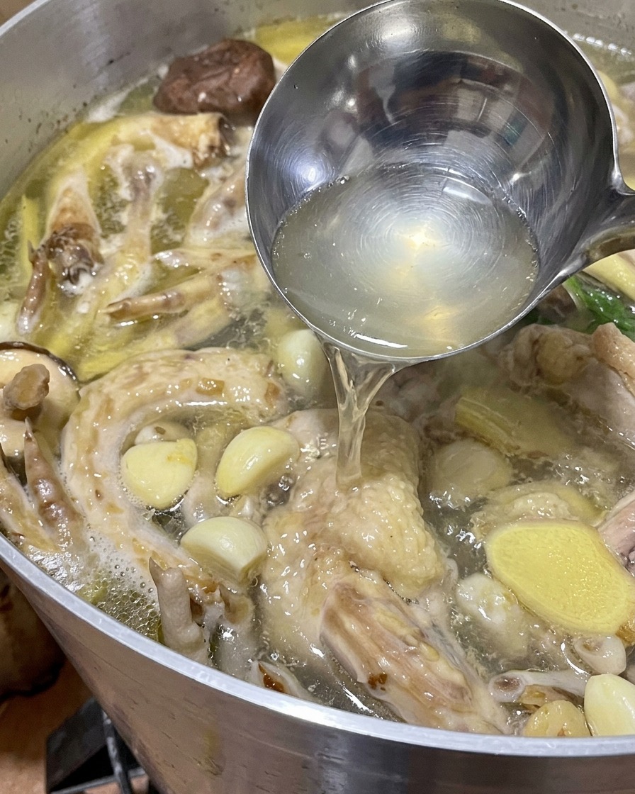 냄비 상층부의 맑은 육수를 국자로 뜨는 모습.