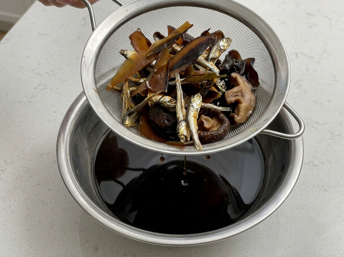 고운 체에 걸러지는 진한 색의 타레 소스.