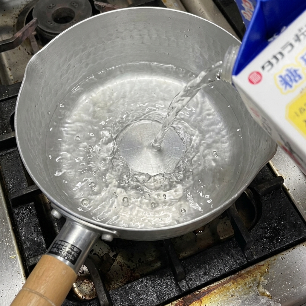 스토브 위 작은 냄비에 담긴 끓는 청주에 백간장을 붓는 모습.