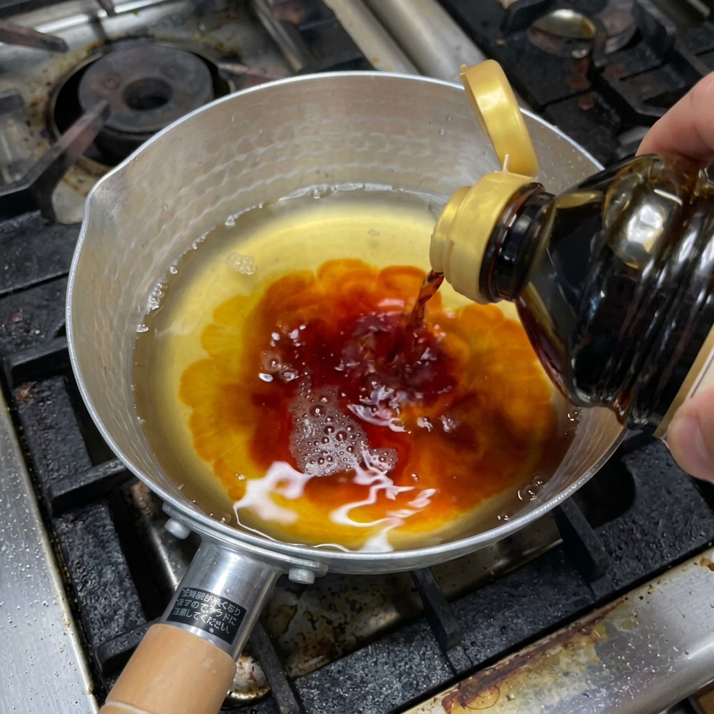 끓고 있는 황금빛 액체가 담긴 냄비에 진간장을 붓는 모습.