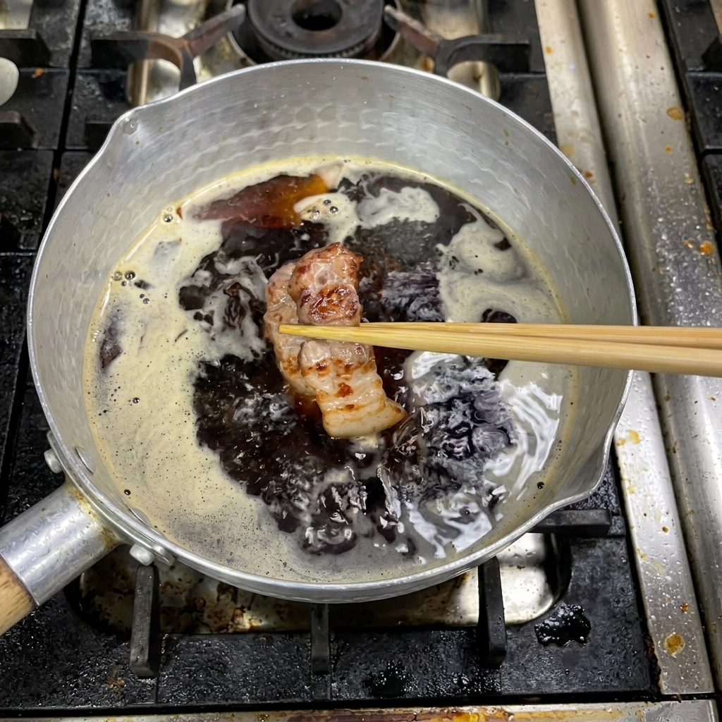 젓가락으로 노릇하게 구워진 삼겹살을 들어 진한 간장 소스 냄비에 넣는 장면.