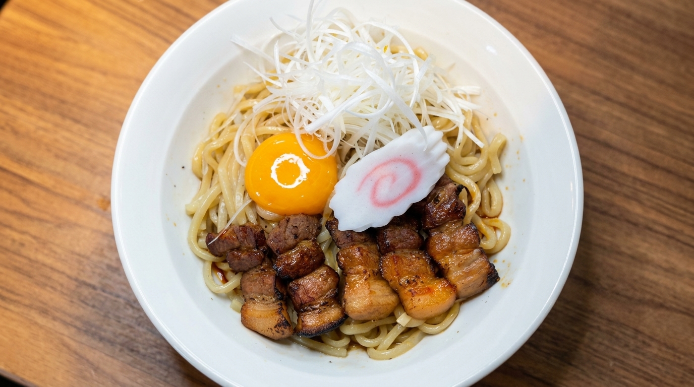 차슈, 신선한 대파, 나루토마키, 그리고 달걀 노른자를 올린 먹음직스러운 아부라 소바 한 그릇.