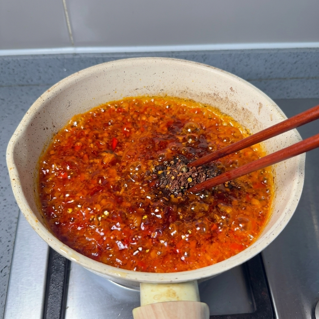 작은 팬에서 어둡고 붉게 끓어오르는 칠리 페이스트를 나무 젓가락으로 젓는 모습.